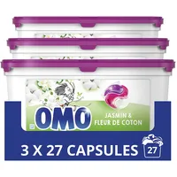 OMO Waschmittelkapseln 3-in-1, Jasmin und Baumwollblüte, dermatologisch getestet, freundlich für empfindliche Haut, strahlende Sauberkeit, langanhaltender Duft, 81 Kapseln (3 x 27 Waschladungen)