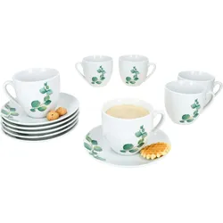 6er Set Eukalyptus Kaffeetassen mit Untertassen 6 Personen Porzellan Tee Blatt