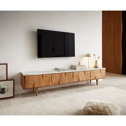 DELIFE Lowboard Shia 200cm Akazie Natur Marmor Grau-Weiss 4 Türen, Fernsehtische