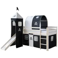 Homestyle4u Hochbett 90x200 cm Kinderbett Weiß mit Vorhang Kinder Treppe Leiter Kiefer Holz (Set, mit Rutsche, Tunnel und Turm) Pirat, Junge weiß