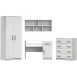 Deine Möbel 24 Jugendzimmer-Set INGE III in Weiß / Weiß + Grau / Weiß + Eiche Sonoma ; 4-teilig, (Kleiderschrank Kommode Wandregal Schreibtisch, 4-tlg., Sonoma Eiche Grau), Kinderzimmer Set Weiß Griffe Rosa Blau Grün Grau aus Laminatplatte weiß