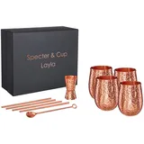 Specter Kupferbecher Layla 4er Set 500ml mit Zubehör, 100% reines Kupfer, Cocktailbecher, Barset