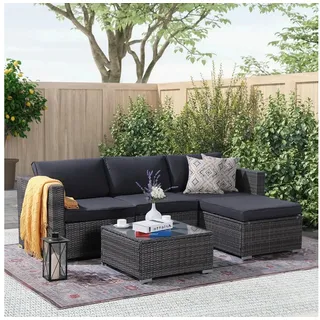 joivi Gartenlounge-Set Gartenlounge Set, 5-TLG Sitzgruppe mit Hocker&Beistelltisch, (Rattan Sitzgarnitur mit Kissen für 4 Personen), Gartenmöbel für Garten, Blakon,Hinterhof, Dunkelgrau grau