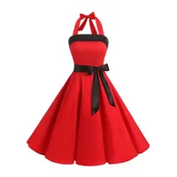 Timormode Damen Vintage Cocktailkleid Knielang Neckholder Swing Retro Rockabilly Kleid L Rot - L