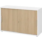bümö Schiebetürenschrank 2OH - Aktenschrank abschließbar, Sideboard Schrank mit Schiebetüren in Weiß/Eiche, Relinggriff - Büroschrank aus Holz mit