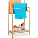 Relaxdays Handtuchhalter Bambus, 3 Stangen & Ablage, HxBxT: 90 x 51 x 30,5 cm, freistehend, Duschtuchhalter Bad, natur