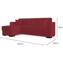 Dmora Schlafsofa mit umkehrbarer Halbinsel, mit 2 Kissen, rote Farbe, Maße 227 x 81 x 150 cm
