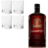 Jägermeister Manifest Set – 1 x 4er Set Shotgläser 4cl und 1 x 0,5l Superpremium-Kräuterlikör 38% Vol. – auch für den Whiskey Liebhaber – Das Original aus Wolfenbüttel