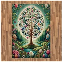Teppich Flachgewebe Deko-Teppiche für das Wohn-,Schlaf-, und Essenszimmer, Abakuhaus, rechteckig, Frühlingszeit Kreisförmiger Baum gedeiht blau|grün|rosa 160 cm x 230 cm