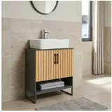 [en.casa] Waschbeckenunterschrank Svanes Badezimmerschrank mit 2 Türen Lamellenoptik 70 x 60 x 30 cm Badschrank 1 offenes Fach 2 Innenfächer Waschtischunterschrank Dunkelgrau/Natur
