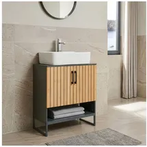[en.casa] Waschbeckenunterschrank Svanes Badezimmerschrank mit 2 Türen Lamellenoptik 70 x 60 x 30 cm Badschrank 1 offenes Fach 2 Innenfächer Waschtischunterschrank Dunkelgrau/Natur