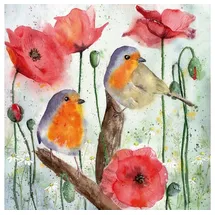 Jet Papier GmbH JET PAPIER ca. 33x33 cm, 3-lagig, Robin Vögel, Poppy Blumen, Mohn, Vogel Tiere, und Frühjahr Motivservietten