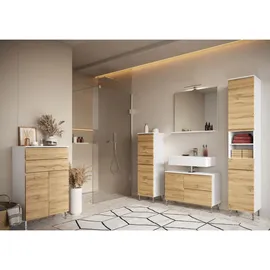 KADIMA DESIGN Badschrank Weiß und Eiche Grandson 60x97x34 cm mit Schubladen, Chromfüßen und griffloser Front VEER