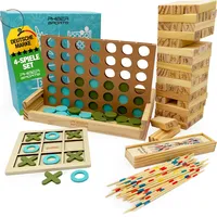 PHIBER-SPORTS 4-in-1 Holz Spielesammlung Wackelturm, Vier-in-Einer-Reihe, Tic Tac Toe & Mikado
