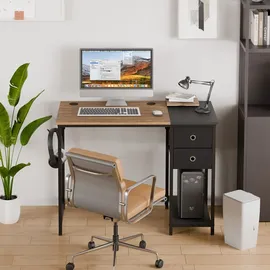 Mondeer Schreibtisch Computertisch mit Schubladen und Regal links oder rechts 100x75x50cm Retro-Braun und Schwarz