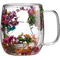 Qikam Trockene Blume Doppelwandige Gläser Schöne Trockene Blume Kaffeetasse Klar Doppelwandige Gläser Latte Macchiato Gläser Süße Kaffeeglas Teegläser mit Henkel für Cappuccino,Tee,EIS,Milch,Bier