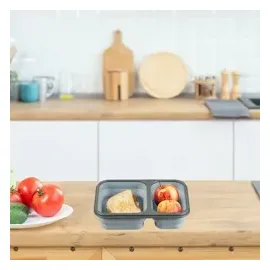 Relaxdays Lunchbox, 2 Fächer, faltbar, mikrowellengeeignet, luftdicht, Silikon, Brotdose mit Besteck, Essensbox, grau