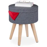 Relaxdays Sitzhocker mit Tischfunktion, gepolsterter Deckel, Stauraum, HxD: 45,5 x 37 cm, Stoff, Holzbeine, grau/natur