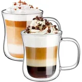 LENAOBEN Doppelwandige Latte Macchiato Gläser Set Borosilikatglas Kaffeetassen Glas 2er Set 220ml Kaffeeglas Teegläser mit Henkel für Cappuccino, Latte, Tee, Iced Americano, Milch