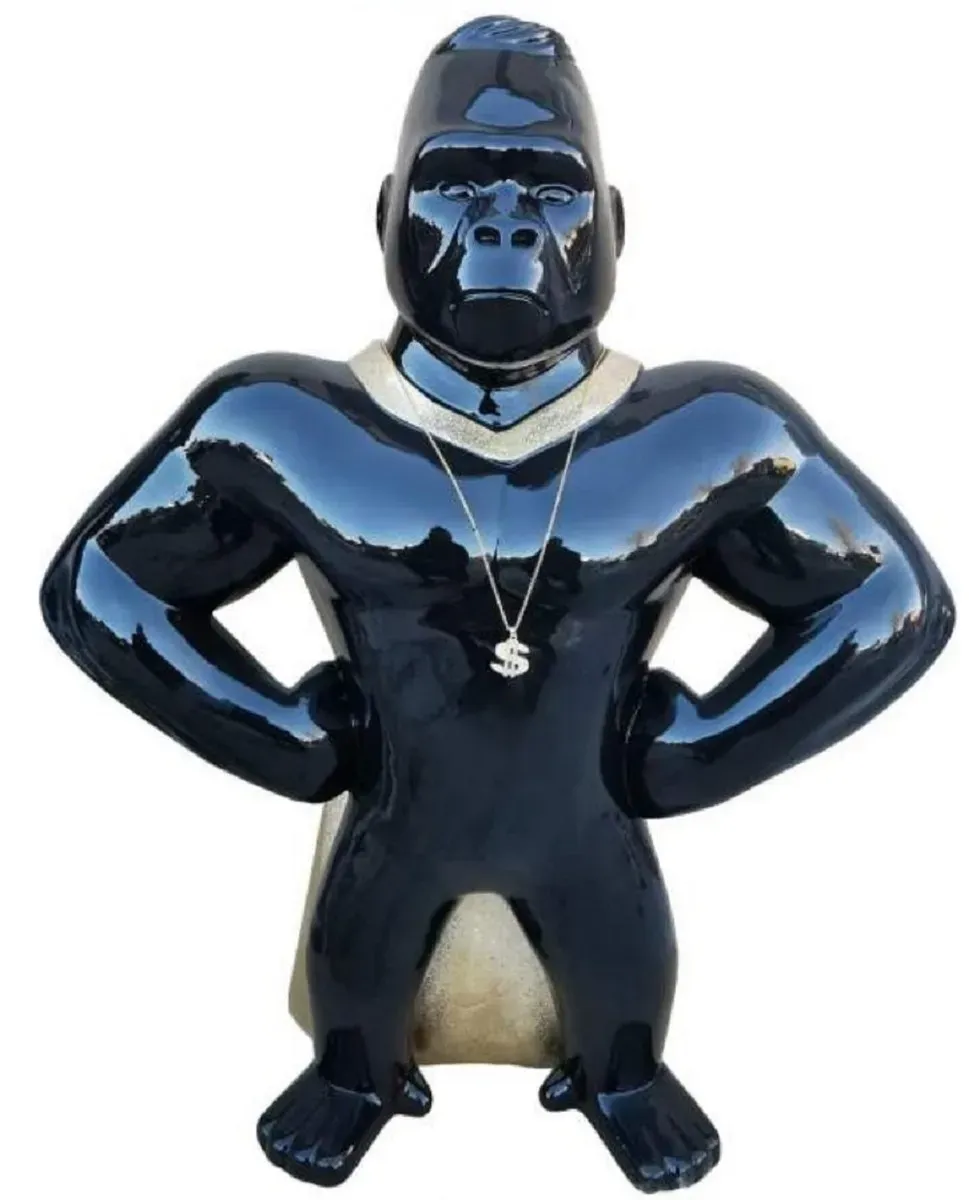 Casa Padrino Luxus Deko Skulptur Gorilla Affe Schwarz / Gold H. 75 cm - Wetterbeständige Deko Figur - Wohnzimmer Deko Figur - Garten Deko Figur - Luxus Deko Tierfigur