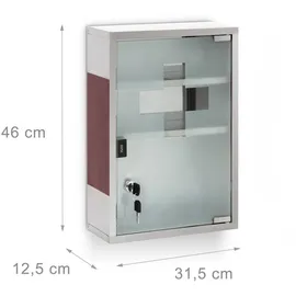 Relaxdays Medizinschrank EMERGENCY Edelstahl / Holz-Optik Hbt:45x30x12cm, 3 Fächer, Glas-Tür abschließbar,silber/braun