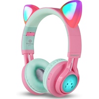 Riwbox CT-7 Bluetooth-Kopfhörer Cat Ear LED kabellos Faltbare Kopfhörer über dem Ohr mit Mikrofon und Lautstärkeregler für Smartphones/Laptop/PC/TV (Pink & Grün)