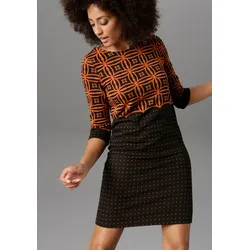 Jerseykleid ANISTON SELECTED, Damen, Gr. 42, N-Gr, orange (zimt, schwarz, gemustert), Jersey, Obermaterial: 65% Polyester, 30% Viskose, 5% Elasthan, gemustert, gepunktet, elegant, figurumspielend kniefrei, Rundhals, 3/4-Ärmel, Kleider Jerseykleid Strickkleid Etuikleid, mit modernem Muster- und Punkte-Design