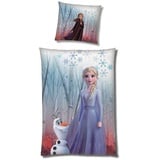 Familando Kinderbettwäsche Frozen Eiskönigin 135x200 80x80 cm, extra flauschig mit Reißverschluss, Fleece, 2 teilig, mit Anna, Elsa und Olaf im Zauberwald