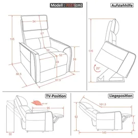 MCombo Fernsehsessel 7027 Stoff 67,5 x 105 x 86,5 cm Grau elektrisch mit Massage & Heizung
