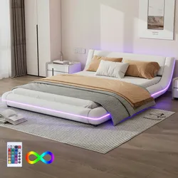 Merax 140*200cm Flachbett, Bodenbett, PU, LED-Umgebungslicht, 24-Tasten-Fernbedienung, weiß