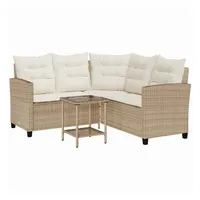 vidaXL Gartensofa in L-Form mit Tisch und Kissen Beige Poly Rattan