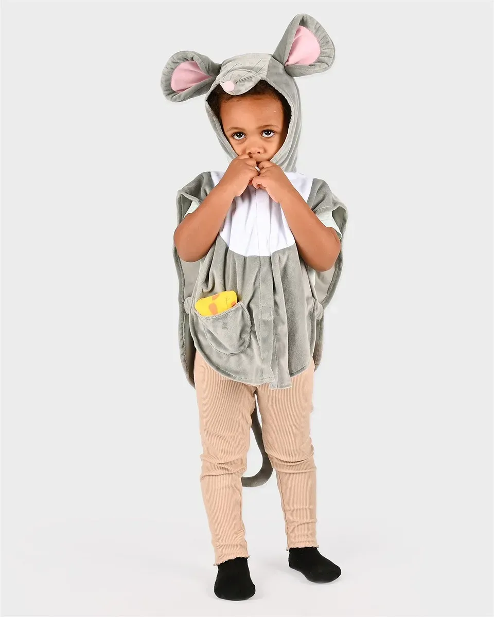 Kinder Maus-Umhang Grau Baumwolle/Polyester 1-4 Jahre mit Kapuze & Ohren - Den Goda Fen - Klettverschluss, waschbar