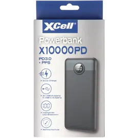 XCell Powerbank X10000PD mit 10.000mAh Kapazität, USB-C PD3.0, Quick-Charge, LED-Display, 2x USB-Ausgang 1x USB-C-Ausgang
