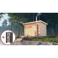 Saunahaus Gartensauna SKANDI 1 mit Vorraum + Holzofen Fintec moderne Tür Karibu