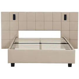 Juskys Polsterbett Luzano - Bett mit LED, Lattenrost & Kopfteil - Bettgestell Samt - Beige