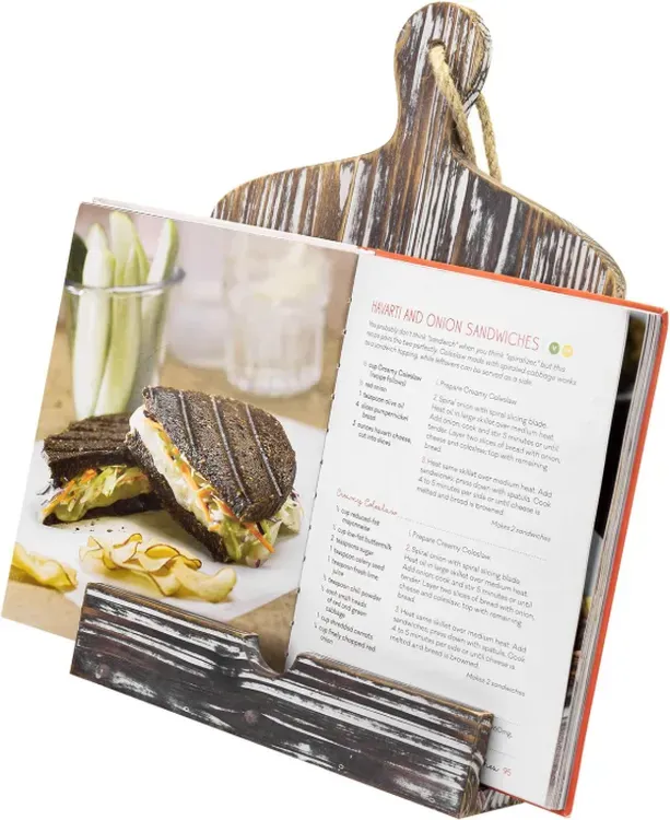 MyGift Rustikaler Holz-Kochbuchhalter im Fackelbraun, Küchen-Leseständer für Rezepte und Tablets mit Aufhängeseil und schwarzem Metallseitenhalter