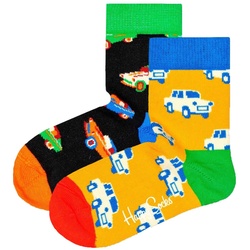 Happy Socks Kinder Socken unisex, 2er Pack - Crew Socks, Bio-Baumwolle, Farbmix Car 13-21