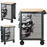 TRUTZHOLM Werkstattwagen 99x82 cm Werkzeugwagen leer 7 Schubladen Tiki Motiv Holzarbeitsplatte rollbar Werkzeugschrank Rollen Papierrollenhalter Steckfach Verschiedene Motive (Polynesisches-Design)