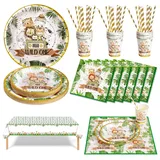 Nkaiso Dschungel Safari Partygeschirr Set 126 Stück Papier Teller Tassen Servietten Strohhalme für Wild One Geburtstag Deko Babyparty Deko Junge für 25 Gäste