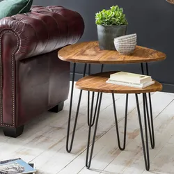 Kadima Design 2er Set Beistelltisch Sheesham Holz und Metall, Industrial-Design, Vielseitig. 60x60x56 cm