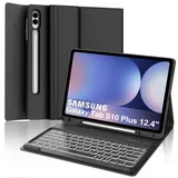 Tastatur für Samsung Galaxy Tab S10+/S9FE+/S9+, Hülle Tastatur Kompatibel mit Samsung Tab S9/S9FE/S10 Plus 12.4 Zoll 2023/2024, 7-Farbige Beleuchtung Bluetooth Magnetisch mit QWERTZ Layout, Schwarz