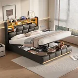 Polsterbett Doppelbett 140x190 cm, Hydraulisches Bett 140x190 mit Bettkasten und Lattenrost, Staufach-Kopfteil mit LED und USB-Ladestation, Boxspringbett Stauraumbett Jugendbett, PU