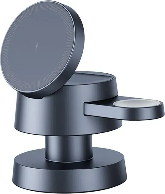 Rexsun 4-in-1 Magnetische Kabellose Ladestation mit Nachtlicht, 15W Schnelllade-MagSafe-Reiseständer für iPhone 17/16/15/14/13/12, Apple Watch und AirPods, XH-X6, Eisen-Grau.