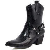 PAUVAODY Klassischer Damens Blockabsatz Western Stiefel Wide Calf Pointed Toe Chelsea Stiefel V-Neck Kurze Stiefel Pull on Cowboy Stiefeletten Black Size 47 - 45 EU