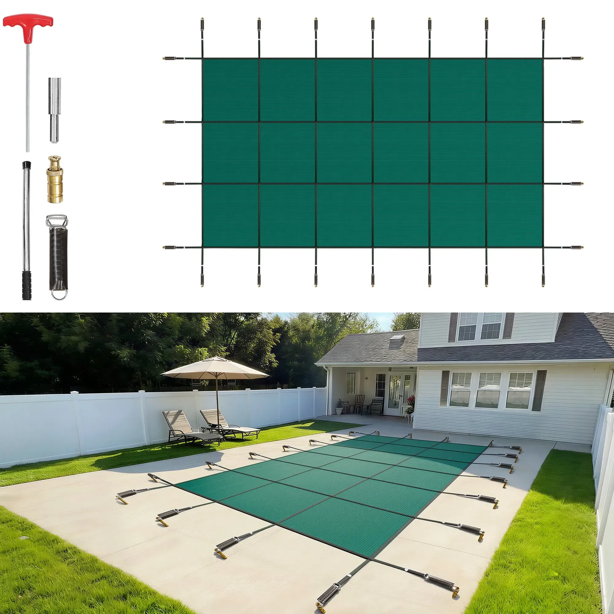 VEVOR Pool Abdeckplane, Passend für Rechteckige, Eingelassene Pools (4,9x9,1 m), Winterabdeckplane mit Ablauflöchern, Blickdichte Netzabdeckung für Schwimmbecken, Winter-Sicherheitsabdeckung, Grün