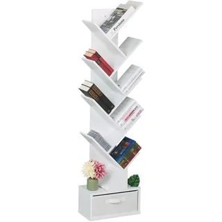 Relaxdays Bücherregal, 9 Ebenen, HxBxT: 146 x 38 x 22 cm, Baumform, Bücher, CDs, DVDs, Bücherbaum mit Schublade, weiß