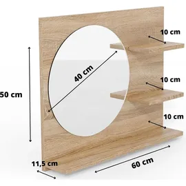 hajduk furniture Wandspiegel 60 cm x 50 cm Badspiegel mit Ablage Sonoma Spiegel Links - Naturbelassen