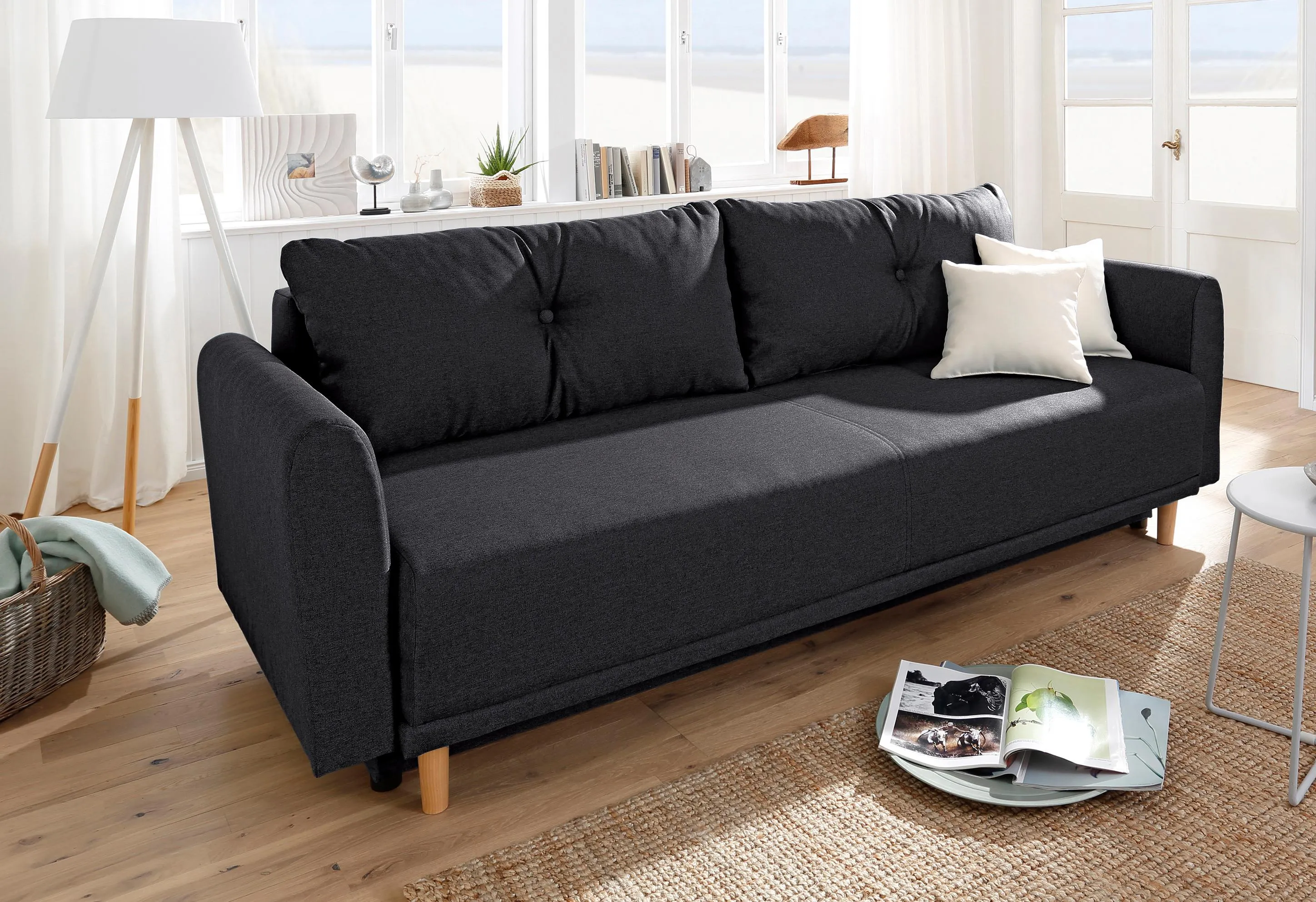 Schlafsofa HOME AFFAIRE "Scandic", schwarz, B:225cm H:93cm T:86cm, Zierkissen: 100% Polyester, Struktur ( 100% Polyester), Sofas, inkl. 2 Zierkissen und Bettkasten, Knopfheftung in Rückenkissen