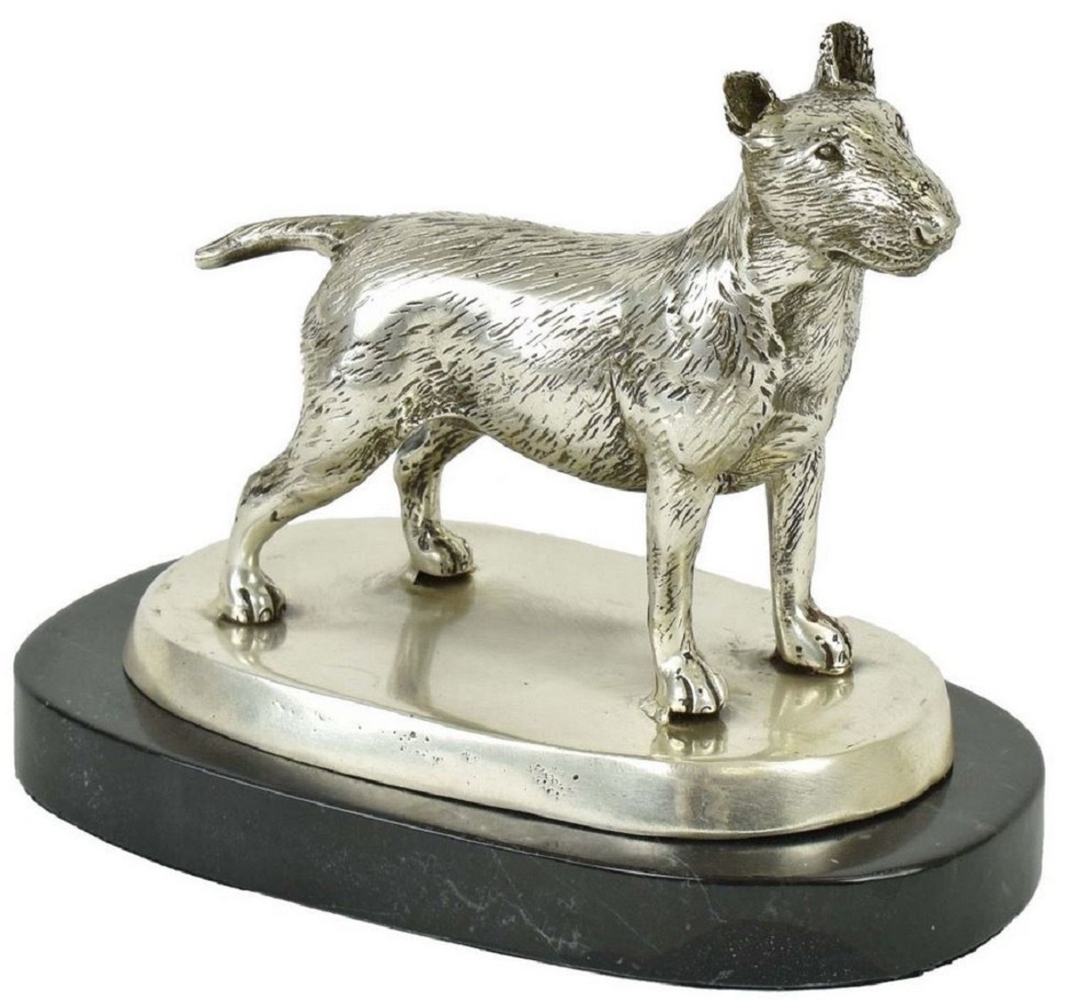 Casa Padrino Luxus Deko Bronzefigur Bullterrier Hund Silber / Schwarz 19 x 10 x H. 15 cm - Bronze Skulptur mit Marmorsockel - Dekofigur - Deko Accessoires