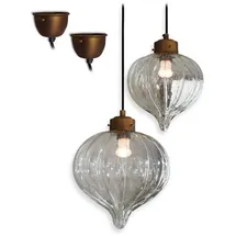 Loberon Hängelampe 2er Set Baisse, Verschiedene Größen, Mundgeblasen, Tropfenförmiger Schirm, Nostalgischer Charme, Vintage-Look, Hängeleuchte, Messing, Glas, klar/messing